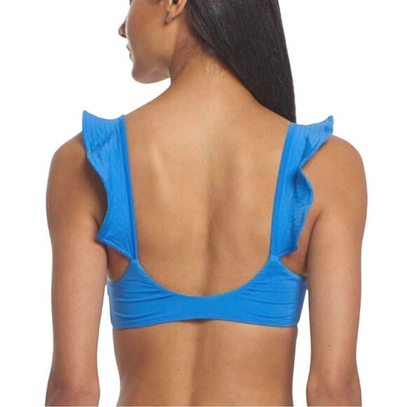 Peixoto Ruffle Shoulder Bikini Top Blue Textured Swim Pullover Top NWT Large - Picture 2 of 7